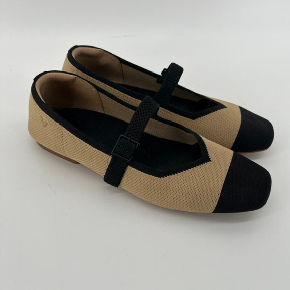 VIVAIA Margot Square-Toe Mary Jane Flats Womens 39.5 US9 Beige Black Minimalist